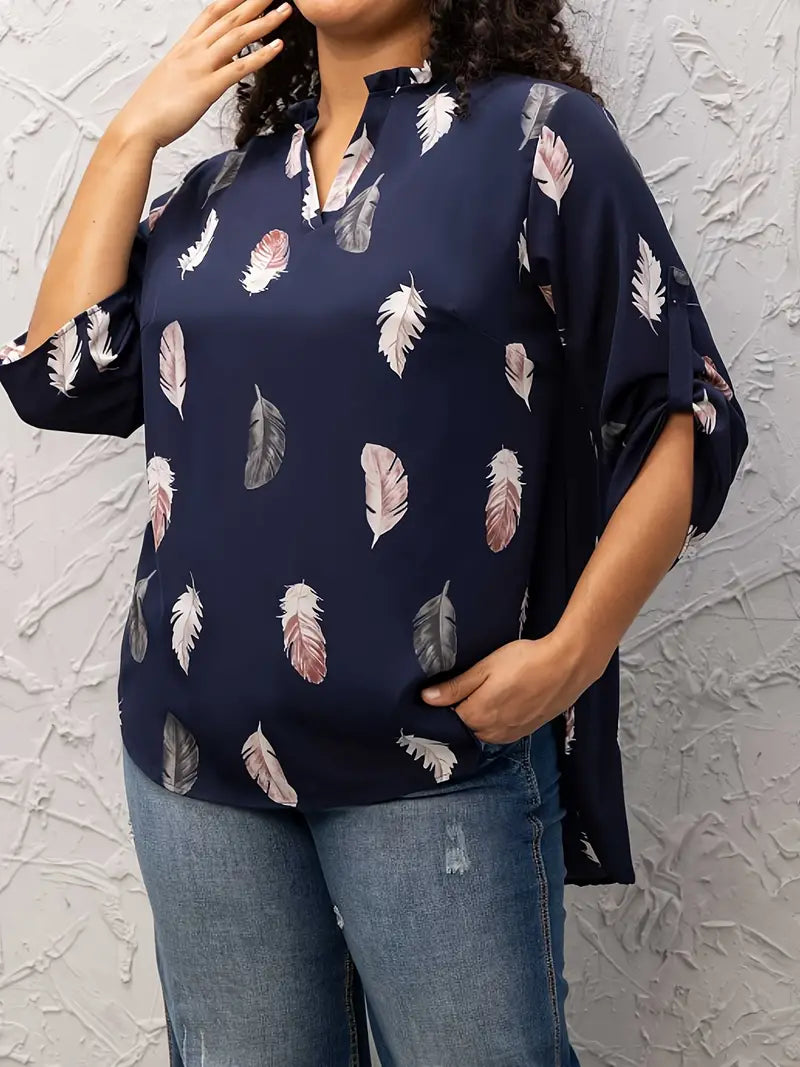 Blusa casual tamanho grande, blusa feminina com estampa de penas, manga comprida