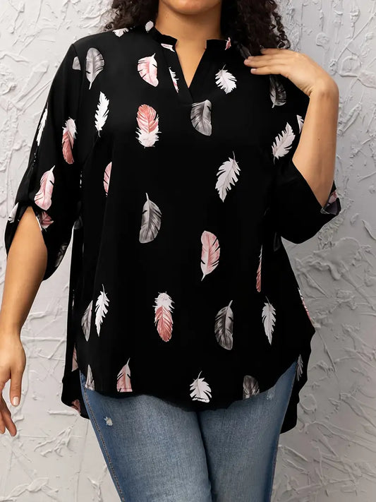 Blusa casual tamanho grande, blusa feminina com estampa de penas, manga comprida