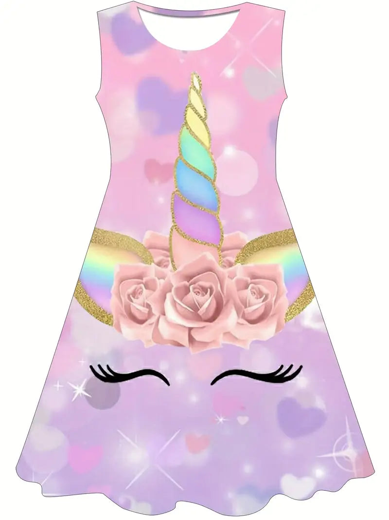 Vestido de princesa unicórnio para meninas – estampado em 3D, sem mangas,