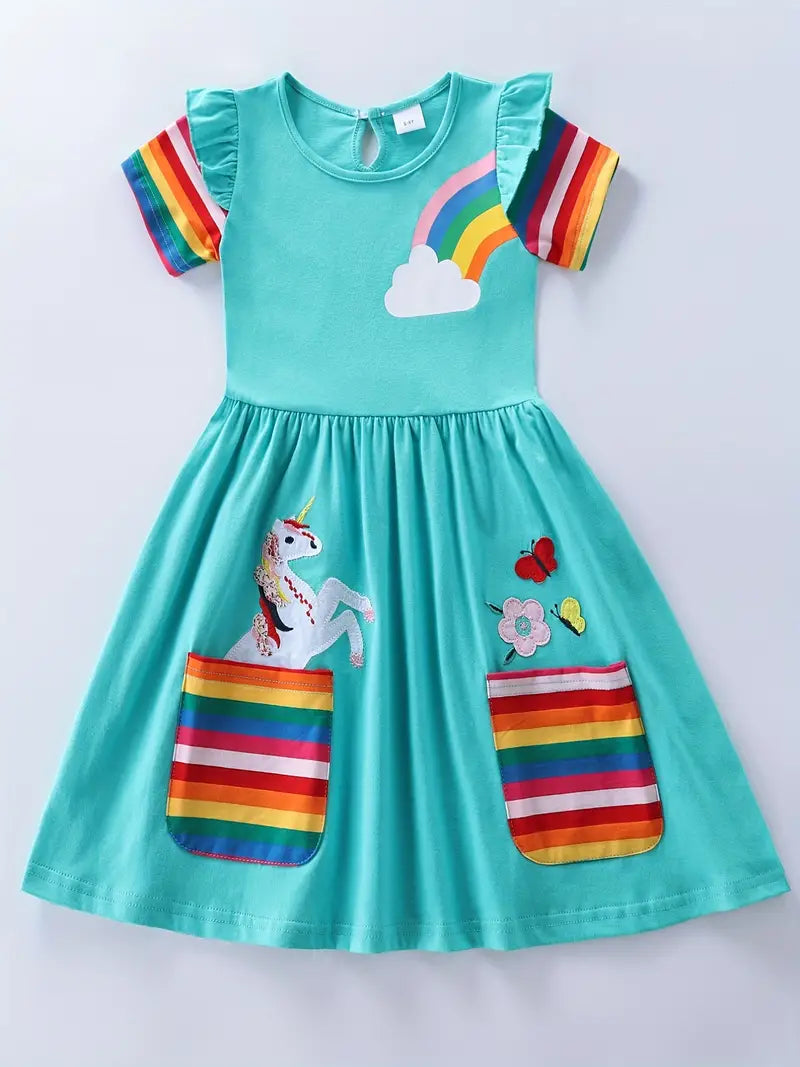 Vestido de algodão com babados de desenho animado com estampa de arco-íris de unicórnio