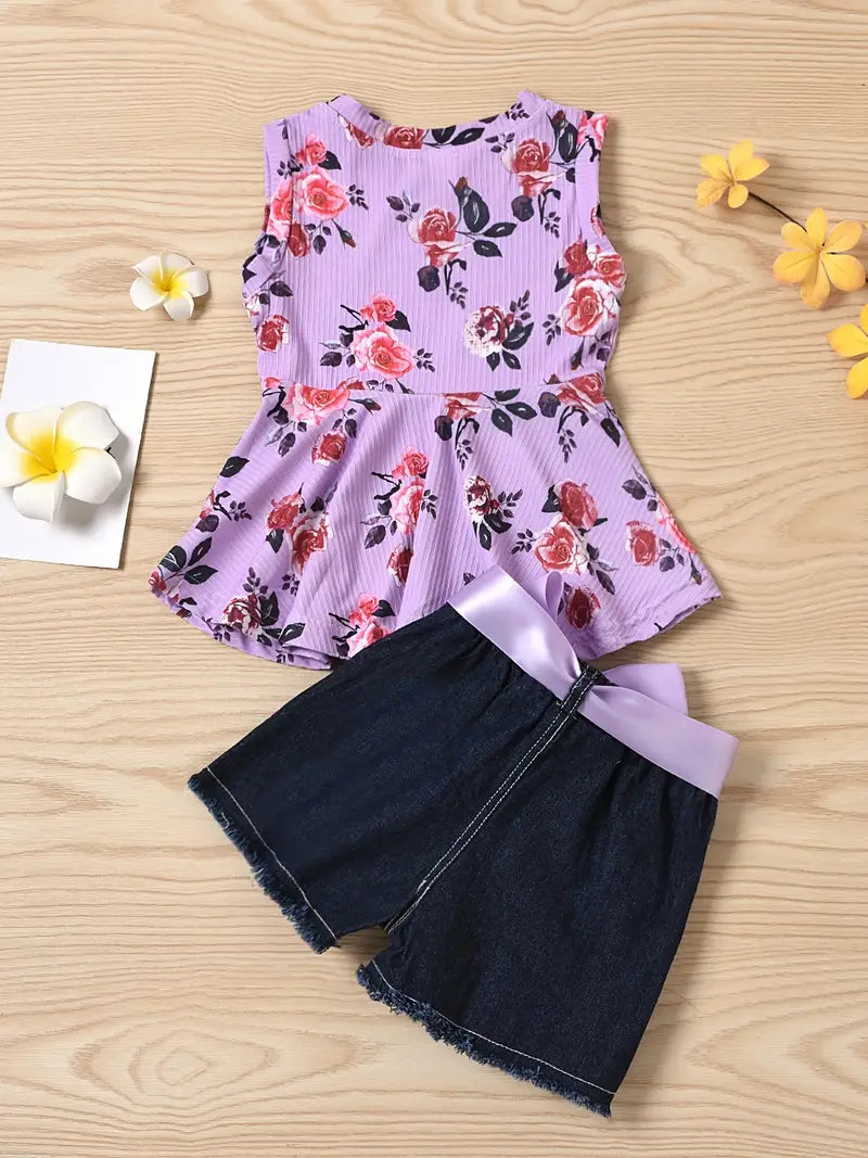 Conjunto de calções jeans e blusa com estampa floral para meninas