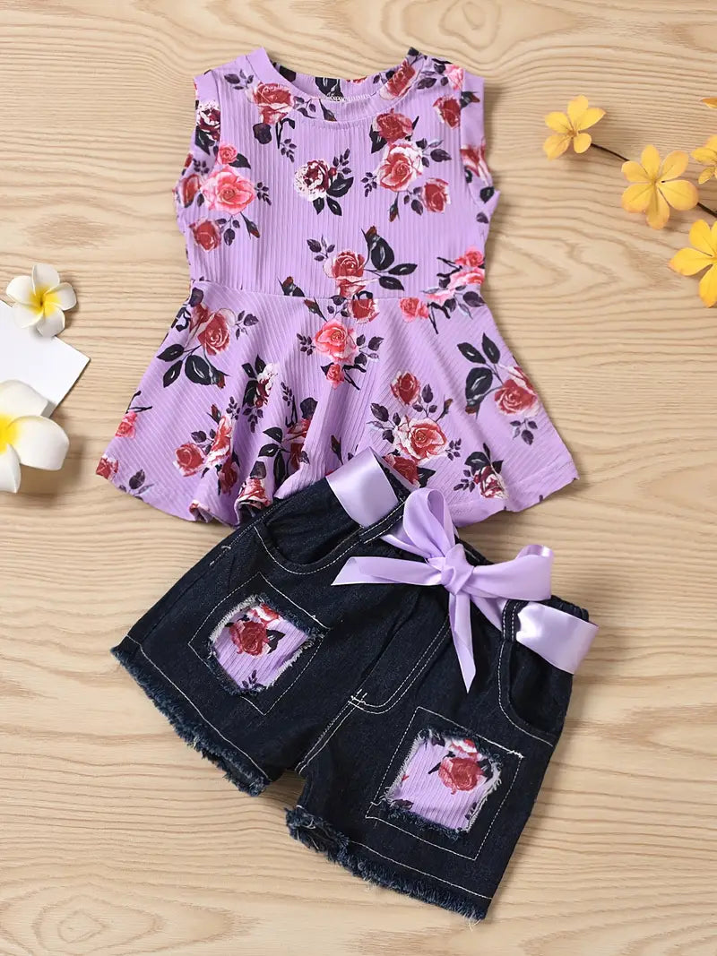 Conjunto de calções jeans e blusa com estampa floral para meninas