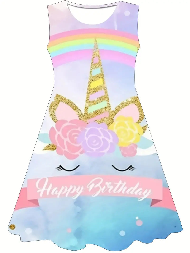 Vestido de princesa unicórnio para meninas – estampado em 3D, sem mangas,