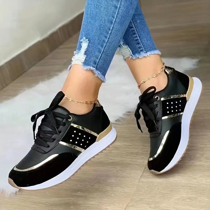 Sapatilhas femininos com plataforma moderna, sapatos casuais com cadarço