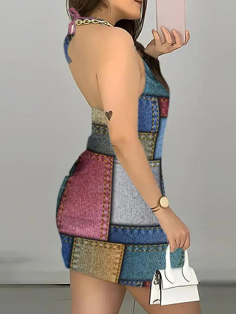 Vestido com estampa gráfica de retalhos, vestido bodycon sexy com decote halter