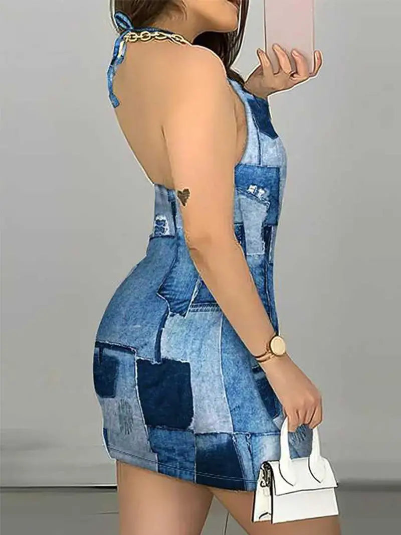 Vestido com estampa gráfica de retalhos, vestido bodycon sexy com decote halter