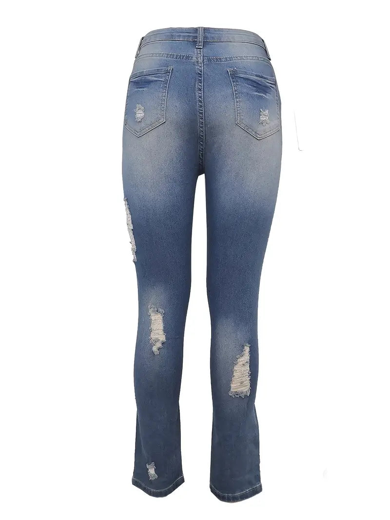 Calça jeans skinny com cintura alta rasgada e curvilínea