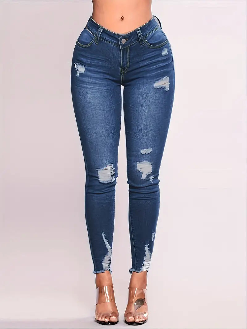 Calça jeans skinny rasgada de cintura alta