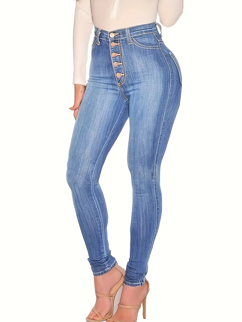 Calças jeans skinny casuais de cintura alta