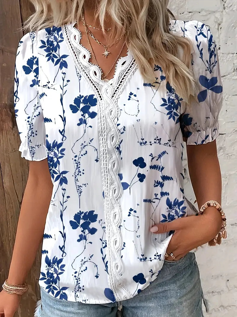 Blusa casual tamanho grande, feminina, estampa floral, contraste, painel de renda, manga bufante, decote em V