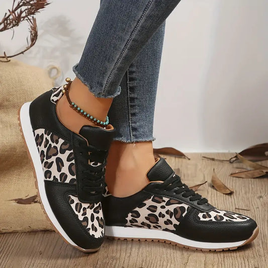 Sapatilhas femininos com estampa de leopardo, sapatos elegantes para atividades ao ar livre