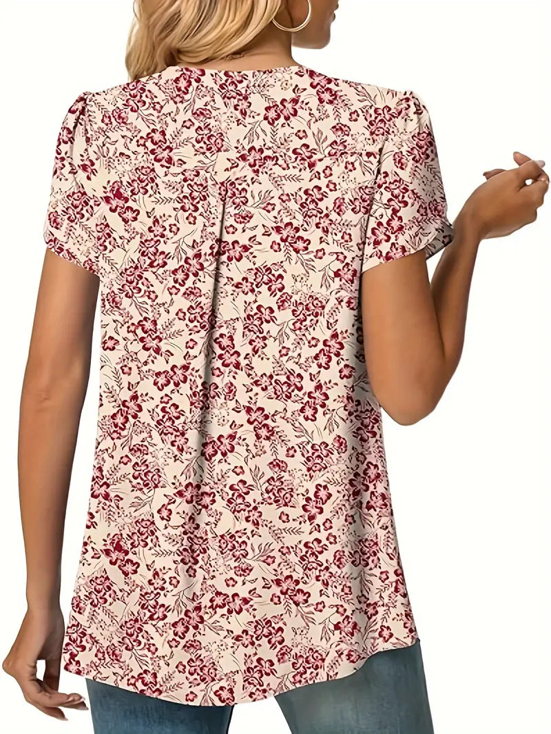 Blusa com estampa floral com decote em V, blusa casual manga pétala