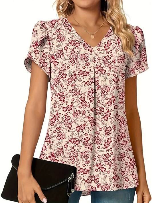 Blusa com estampa floral com decote em V, blusa casual manga pétala