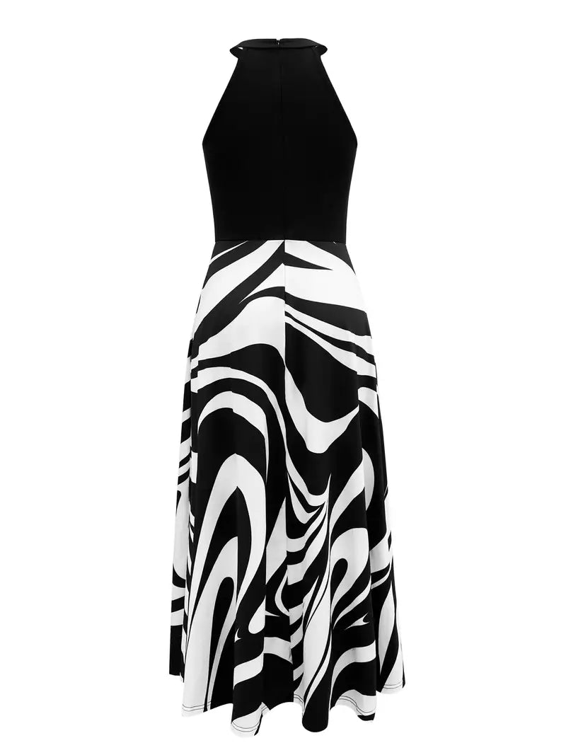 Vestido estampado ondulado abstrato, vestido maxi casual sem mangas de cintura alta