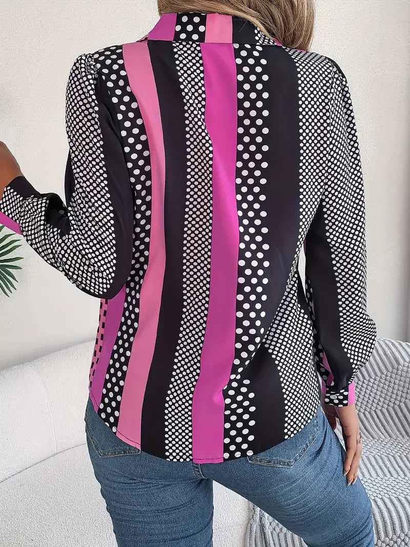 Camisa com estampa de listras e bolinhas, camisa casual de manga comprida com botões na frente, roupas femininas