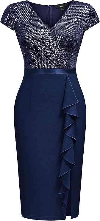 Vestido de cocktail para mulher com lantejoulas e glitter, decote em V,