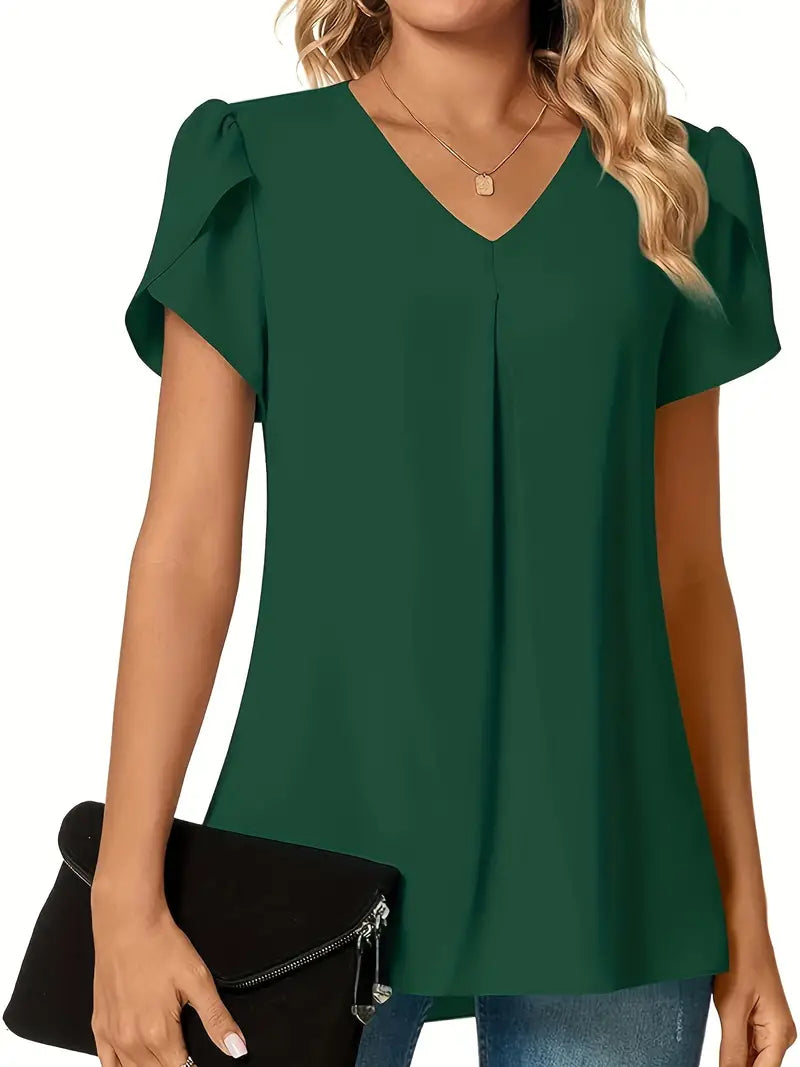 Blusa sólida com decote em V e manga pétala, blusa simples versátil