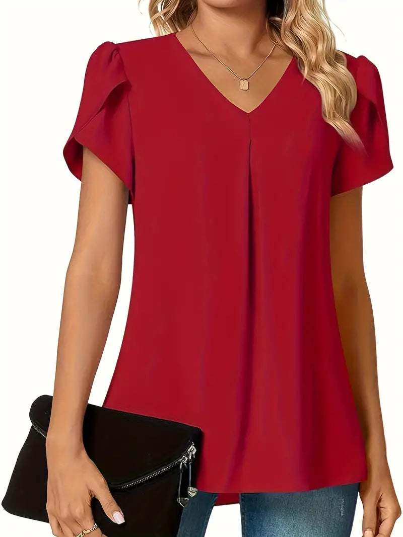 Blusa sólida com decote em V e manga pétala, blusa simples versátil