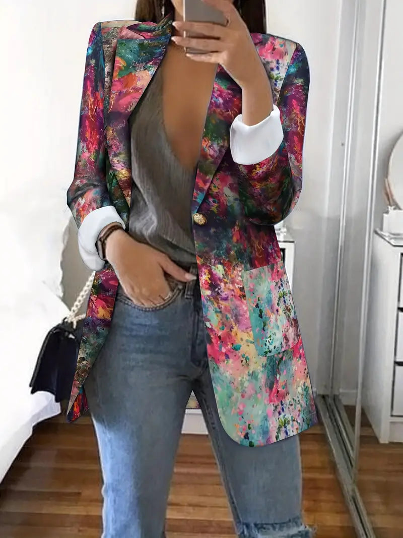 Blazer de lapela com estampa de letras, casaco casual de manga comprida com um botão