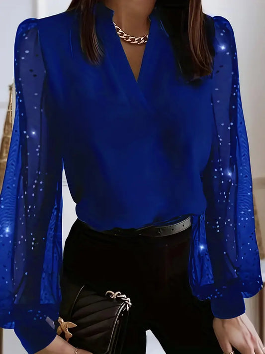 Blusa elegante tamanho grande sólido contraste malha manga comprida gola entalhada top elástico médio