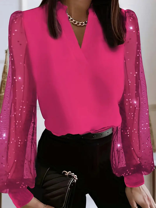 Blusa elegante tamanho grande sólido contraste malha manga comprida gola entalhada top elástico médio