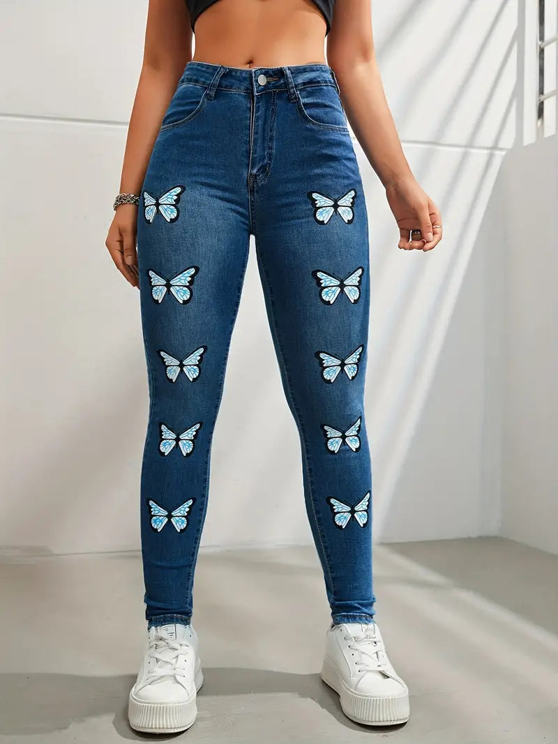 Calça jeans skinny de alta elasticidade com estampa de borboleta, calça jeans lavada Y2K com bolso barra, calça jeans feminina