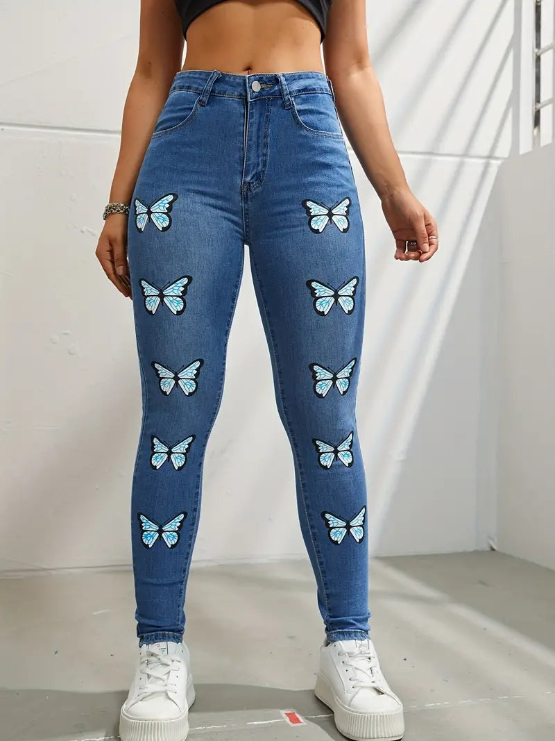 Calça jeans skinny de alta elasticidade com estampa de borboleta, calça jeans lavada Y2K com bolso barra, calça jeans feminina