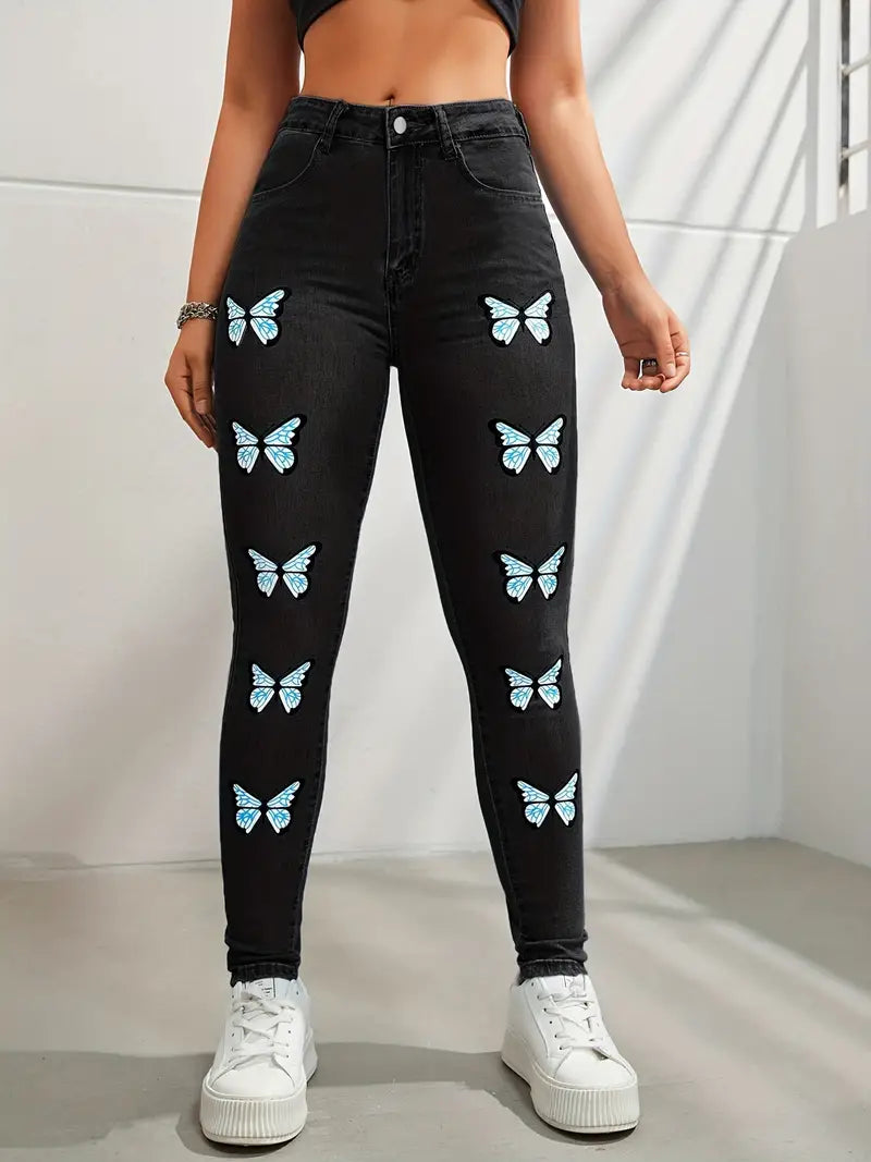 Calça jeans skinny de alta elasticidade com estampa de borboleta, calça jeans lavada Y2K com bolso barra, calça jeans feminina