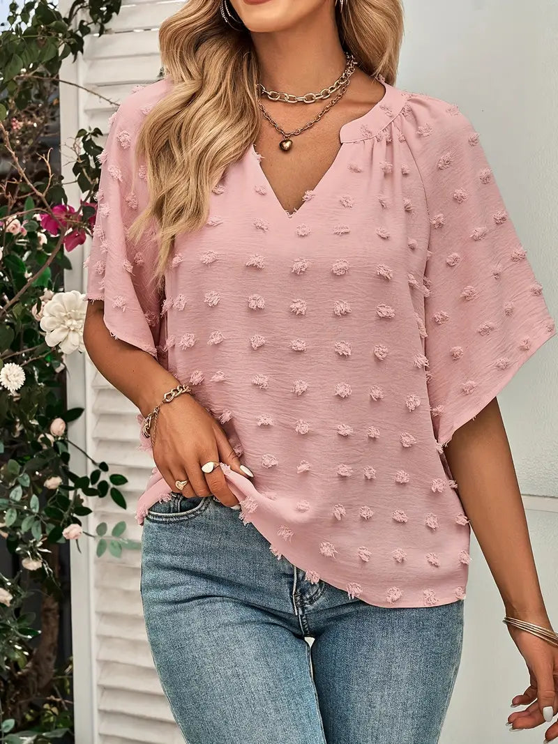 Blusa sólida com bolinhas suíças, blusa versátil elegante com decote em V e manga curta