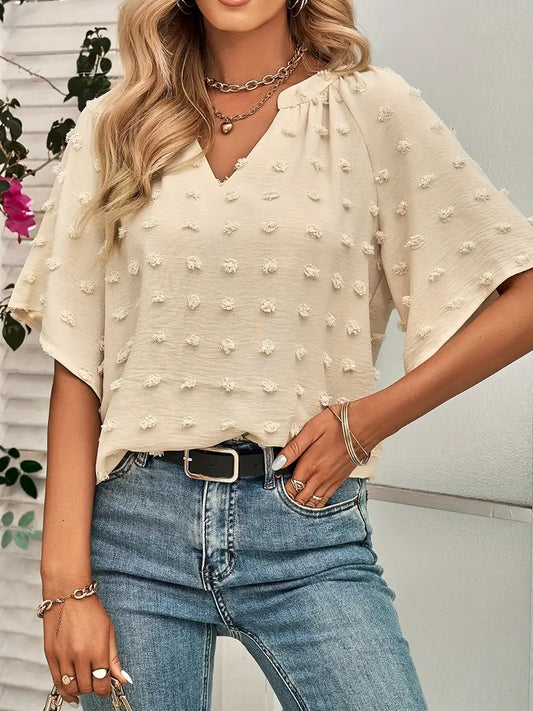 Blusa sólida com bolinhas suíças, blusa versátil elegante com decote em V e manga curta