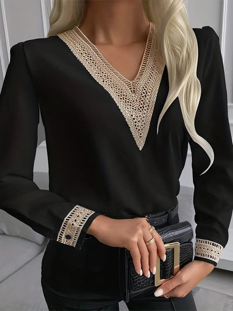 Blusa com decote em V com acabamento em renda, elegante manga longa