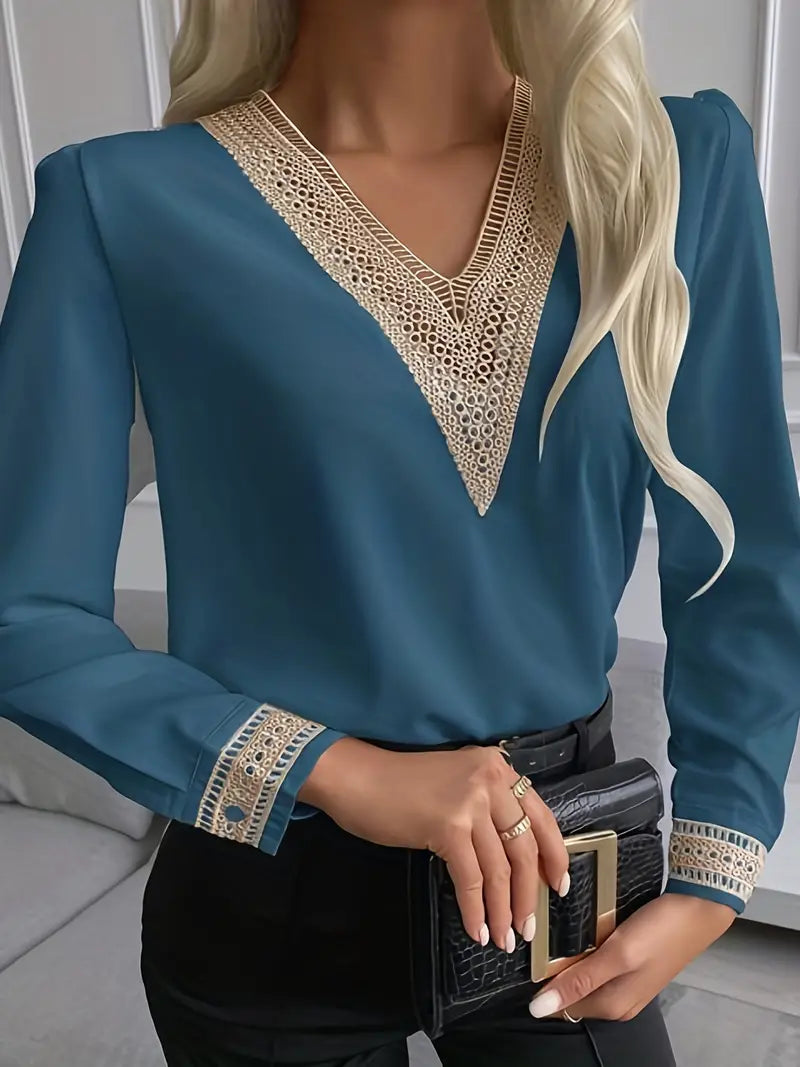 Blusa com decote em V com acabamento em renda, elegante manga longa