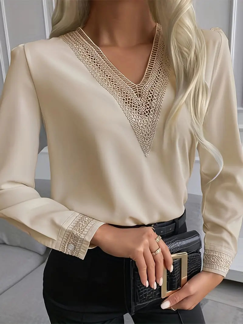 Blusa com decote em V com acabamento em renda, elegante manga longa