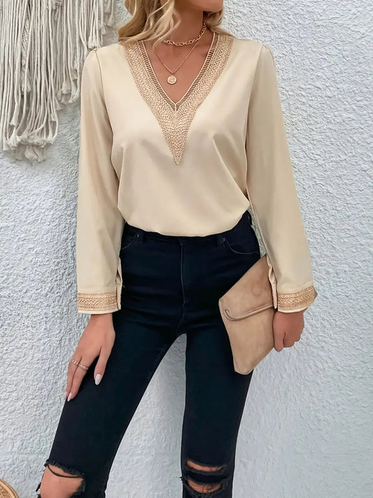 Blusa manga longa com decote em V, blusa casual elegante