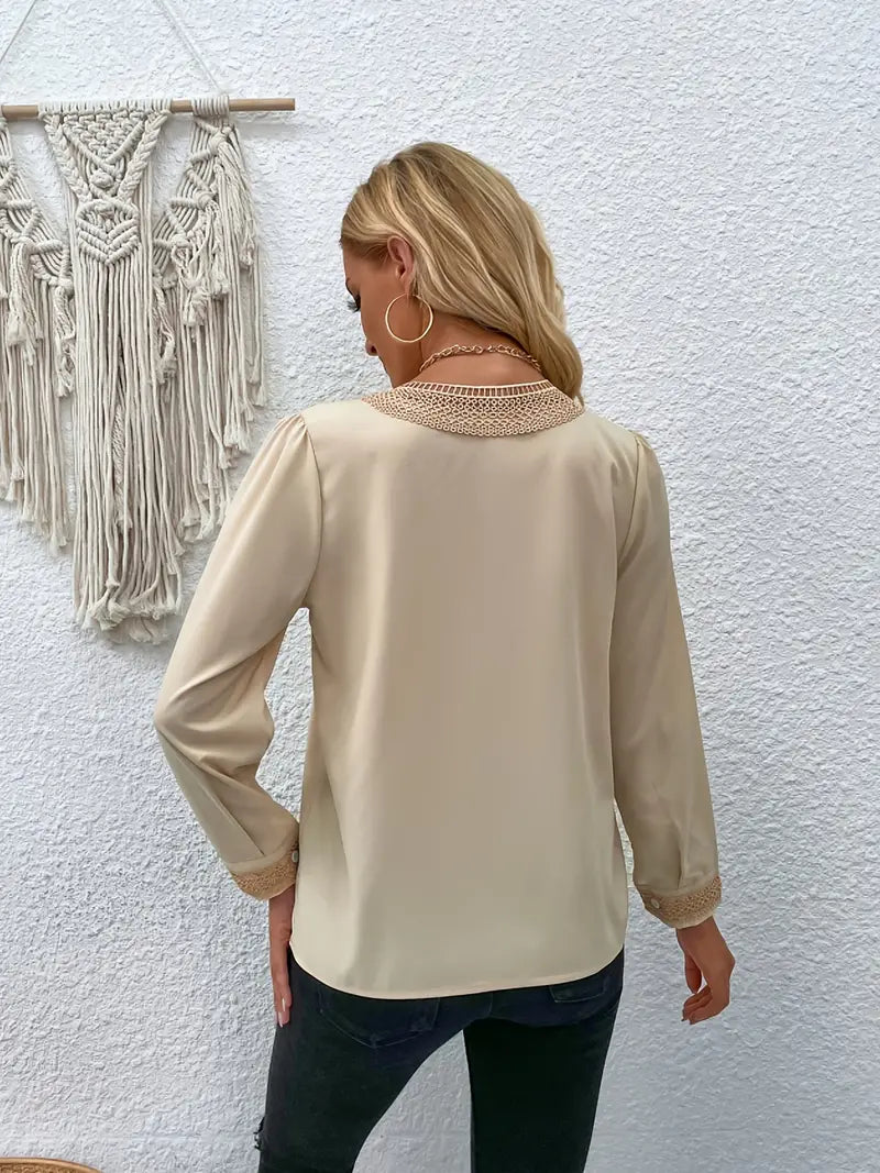 Blusa manga longa com decote em V, blusa casual elegante