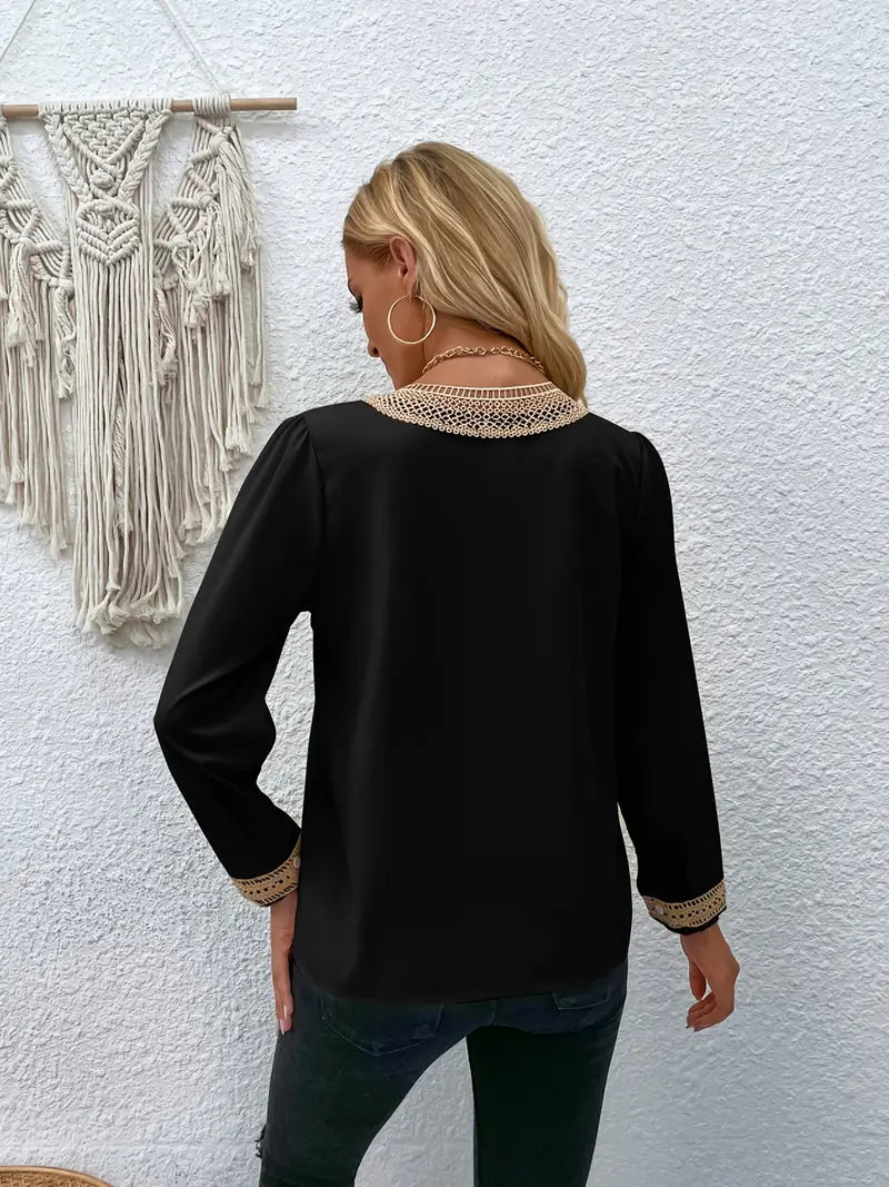 Blusa manga longa com decote em V, blusa casual elegante