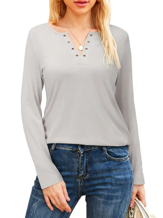 Camiseta solta com decote em V, casual cor sólida manga longa