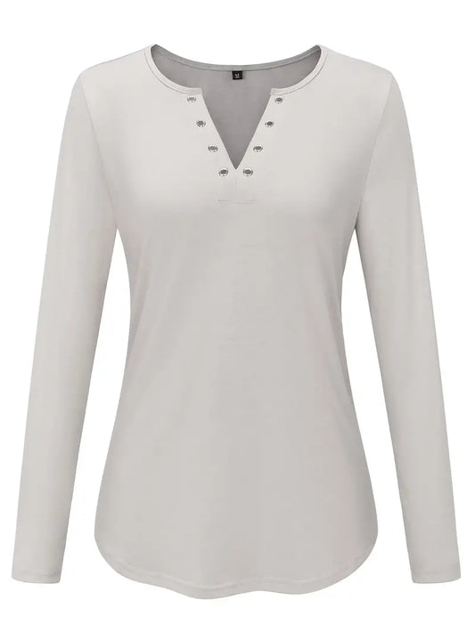 Camiseta solta com decote em V, casual cor sólida manga longa