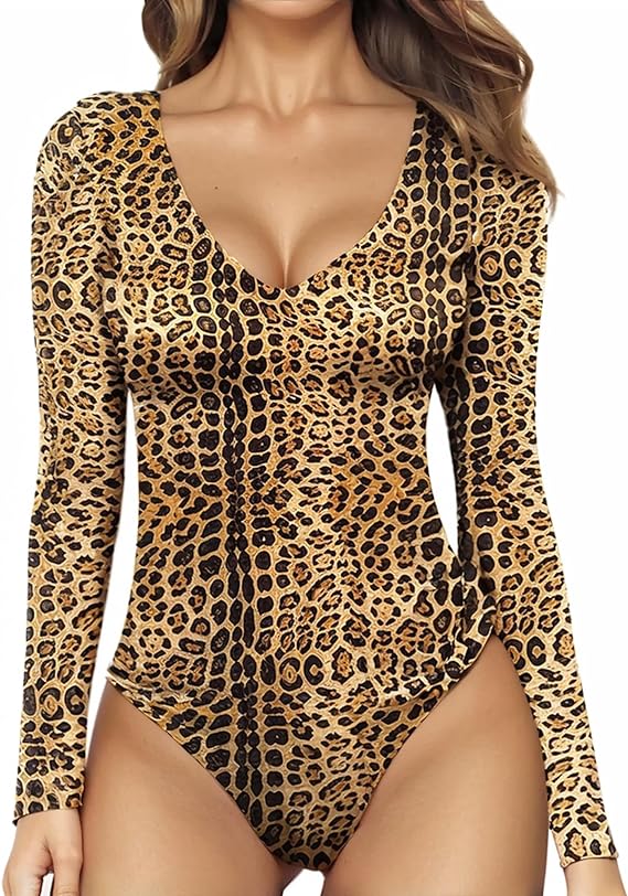 Bodysuits de manga comprida com decote em V profundo para mulheres, tops sensuais para sair