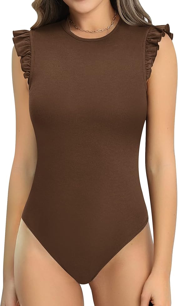 Body feminino fofo gola redonda babado sem mangas slim fit bodysuit