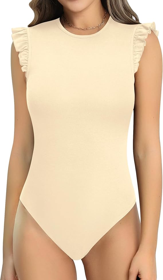 Body feminino fofo gola redonda babado sem mangas slim fit bodysuit