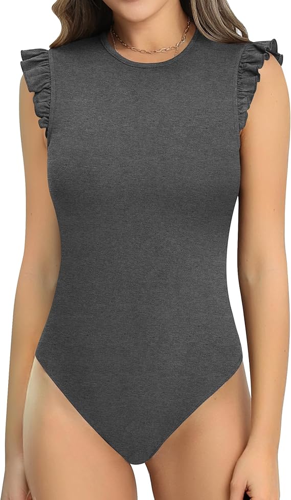 Body feminino fofo gola redonda babado sem mangas slim fit bodysuit