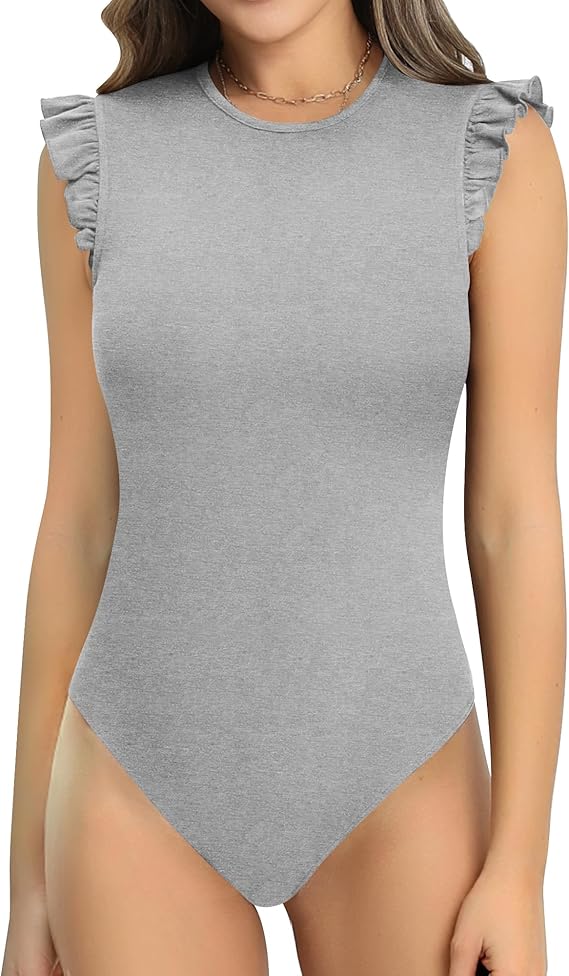 Body feminino fofo gola redonda babado sem mangas slim fit bodysuit