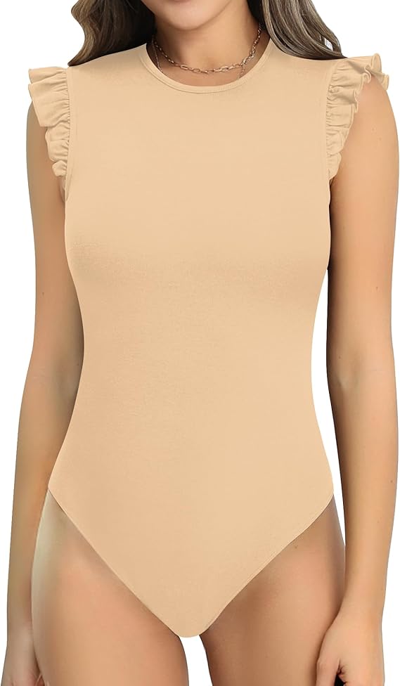 Body feminino fofo gola redonda babado sem mangas slim fit bodysuit