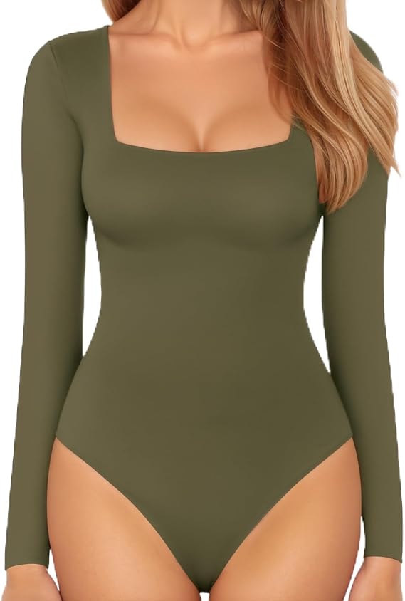 Body feminino de manga comprida com decote quadrado e tops justos