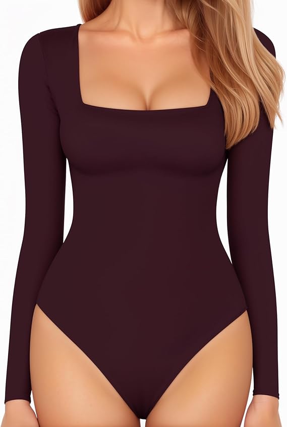 Body feminino de manga comprida com decote quadrado e tops justos