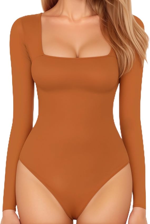 Body feminino de manga comprida com decote quadrado e tops justos