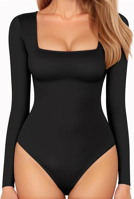 Body feminino de manga comprida com decote quadrado e tops justos