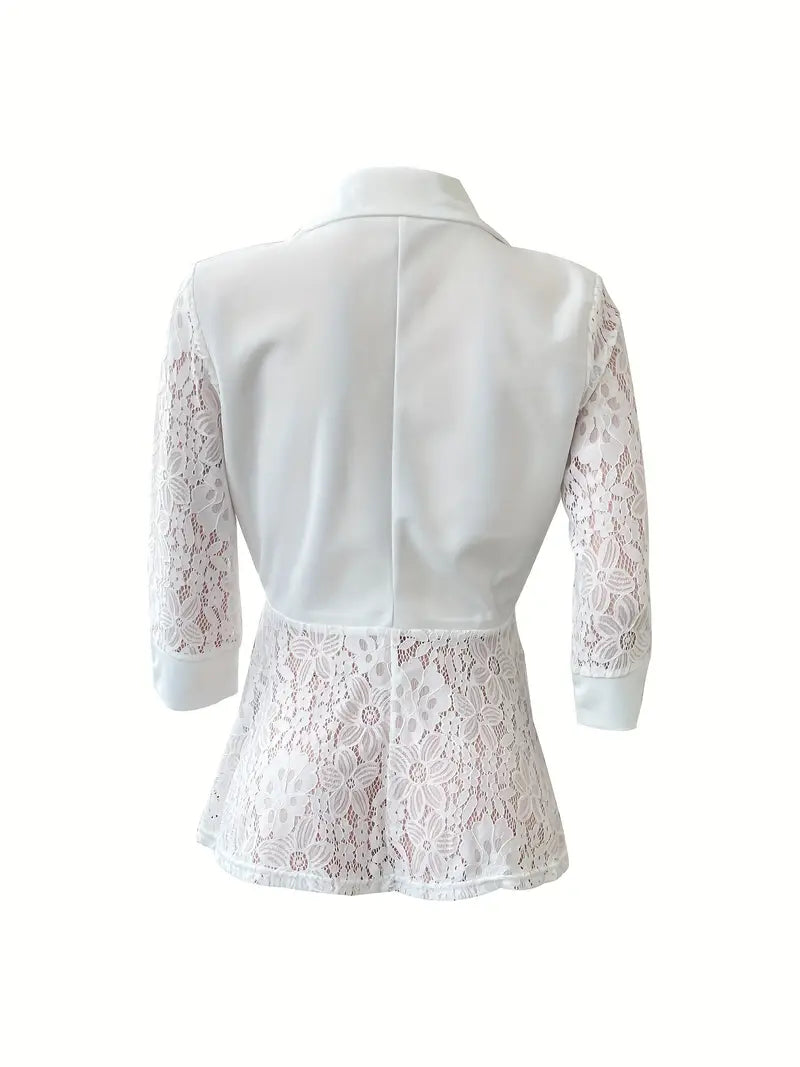 Blazer elegante de poliéster com manga comprida e manga comprida, cor sólida, semi-transparente e micro elasticidade