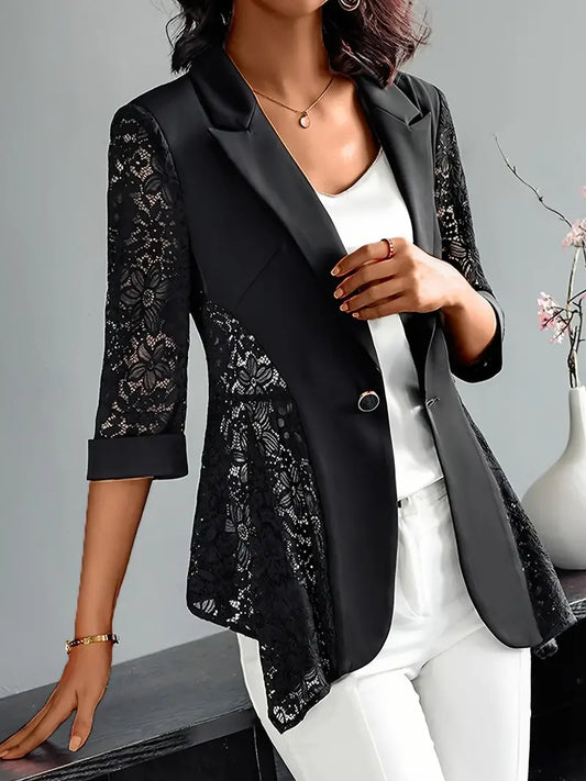 Blazer elegante de poliéster com manga comprida e manga comprida, cor sólida, semi-transparente e micro elasticidade